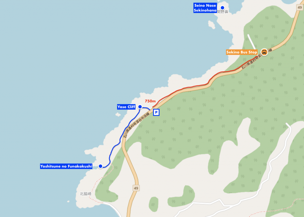 Map of Yase Cliff, Yoshitsune no Funakakushi, Sekinohana Seino Nose and Sekino Bus Stop