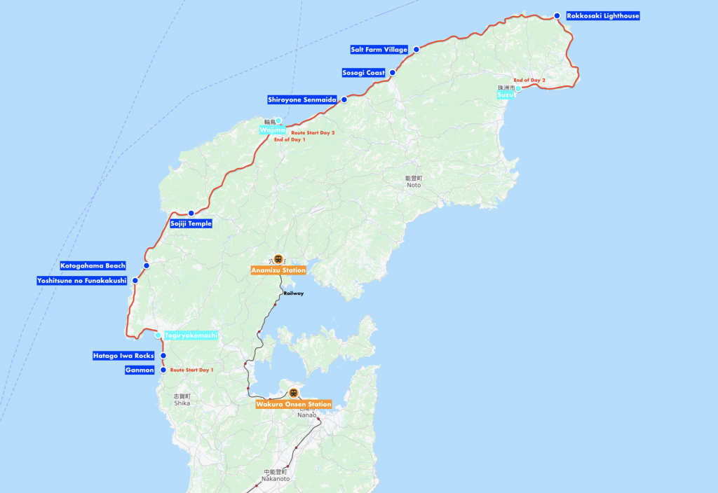 Map of 2-day itinerary for Noto Peninsula