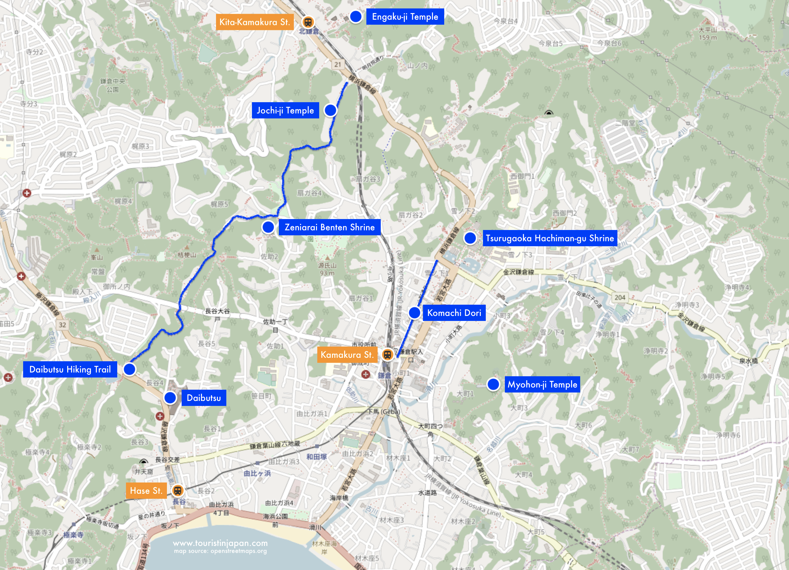 Map of Kamakura 1-day itinerary