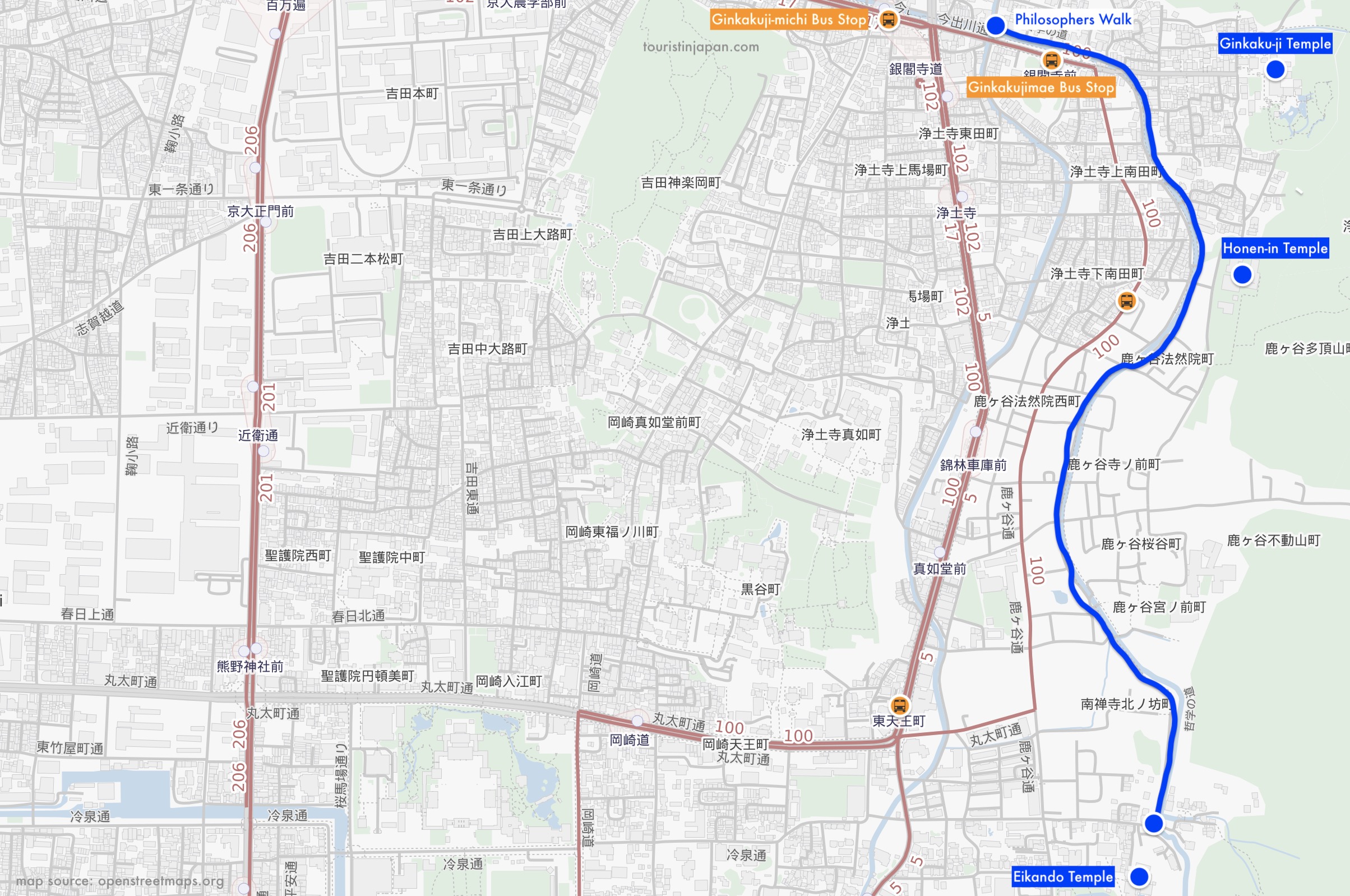 Philosophers Walk, Kyoto. Map source: openstbreetmaps.org