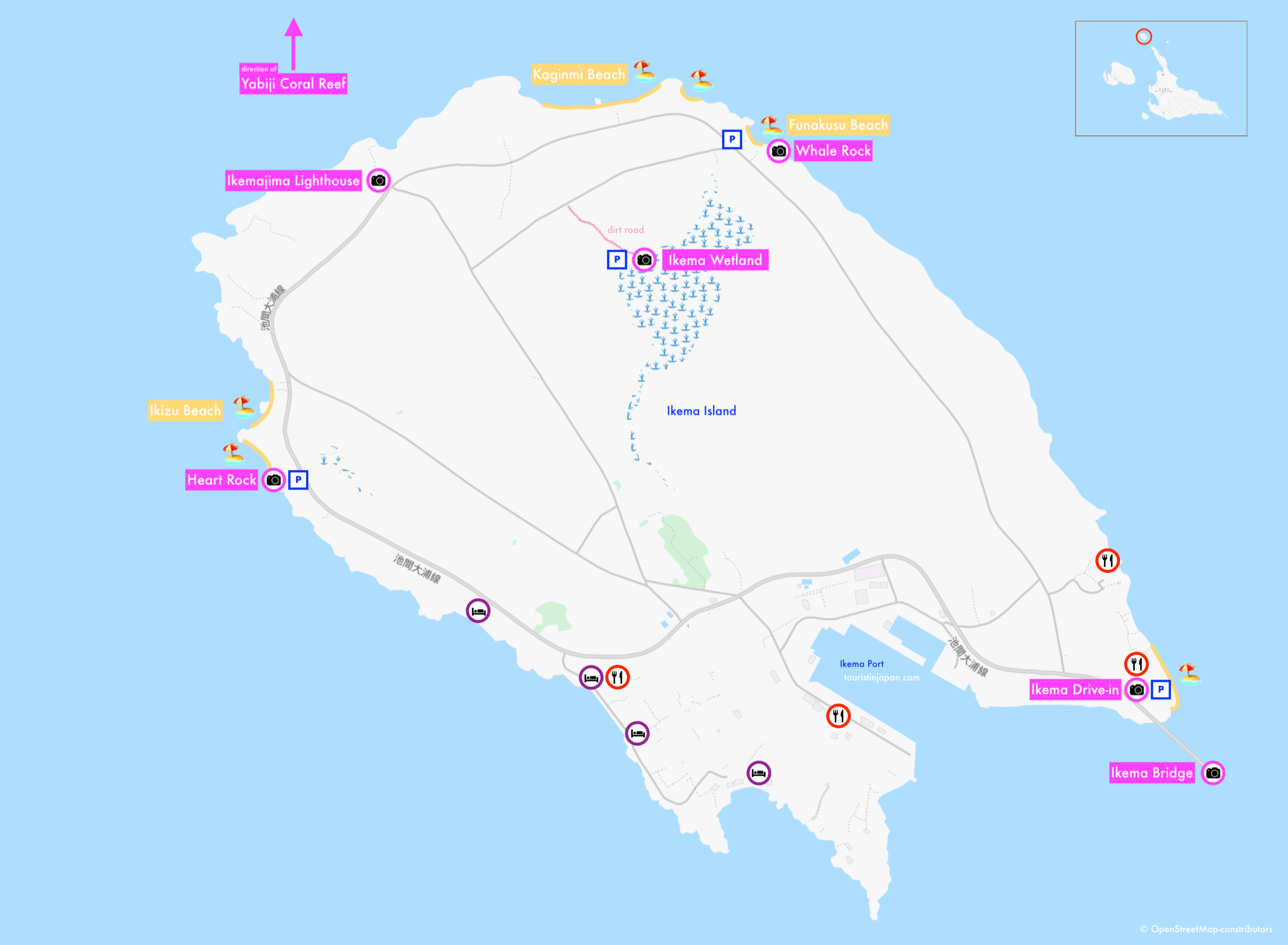 Ikema Island Touristmap. Map material © OpenStreetMap-constributors. CC BY-SA 2.0.