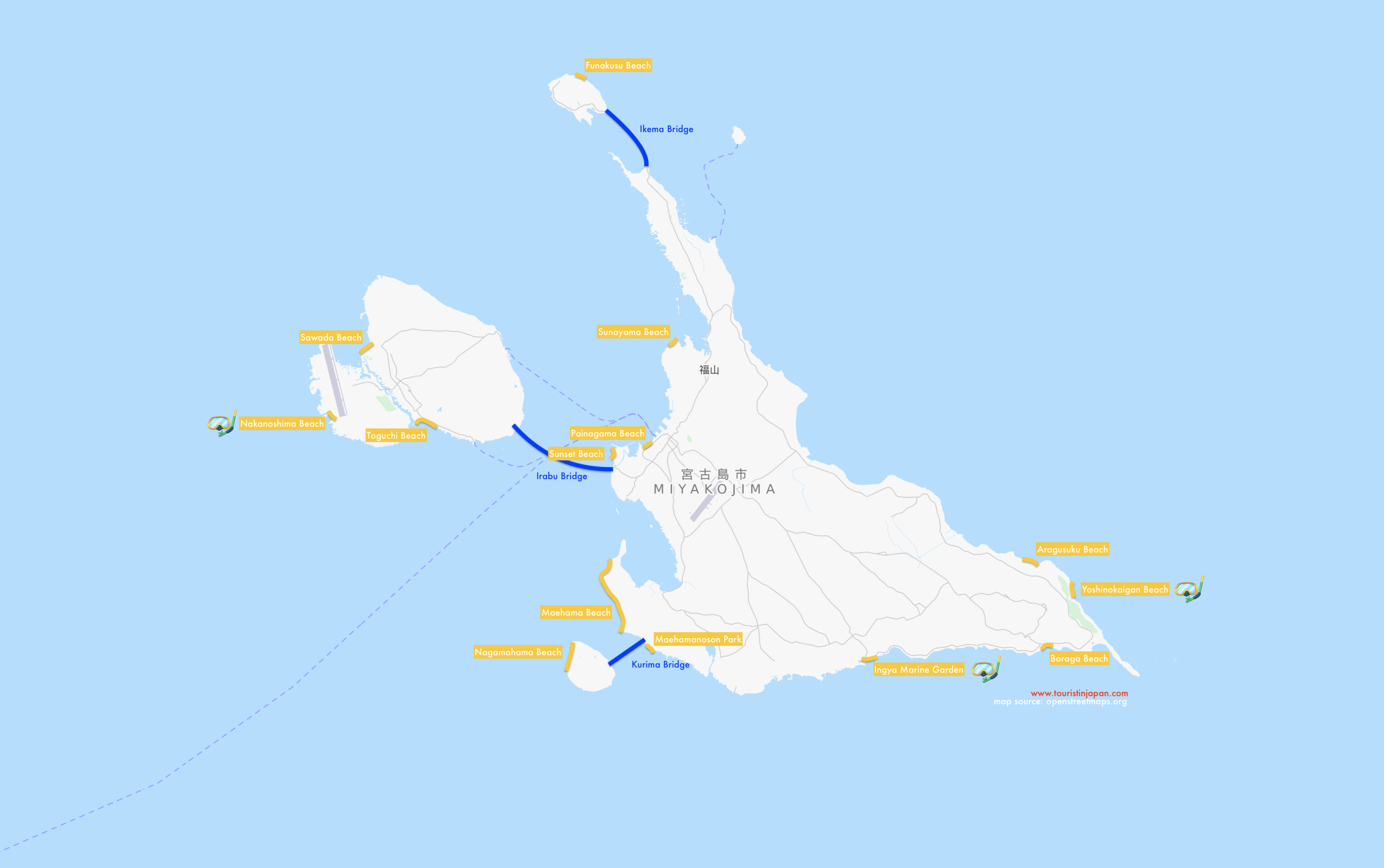 Miyakojima beach map. Map source: openstreetmaps.org. © touristinjapan.com