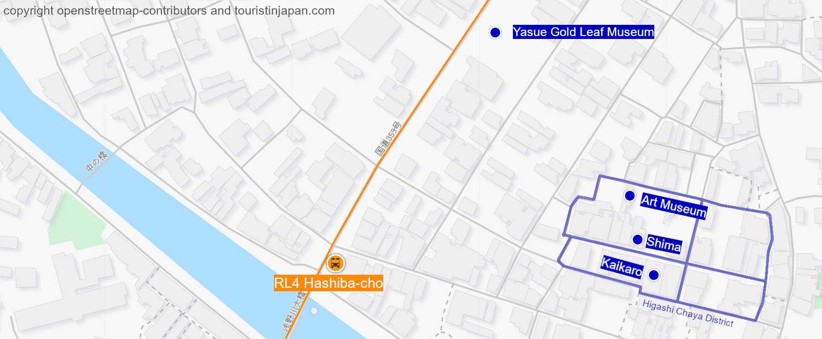 Map of Higashi Chaya and Higashiyama, Kanazawa. © openstreetmap-contributors and touristinjapan.com