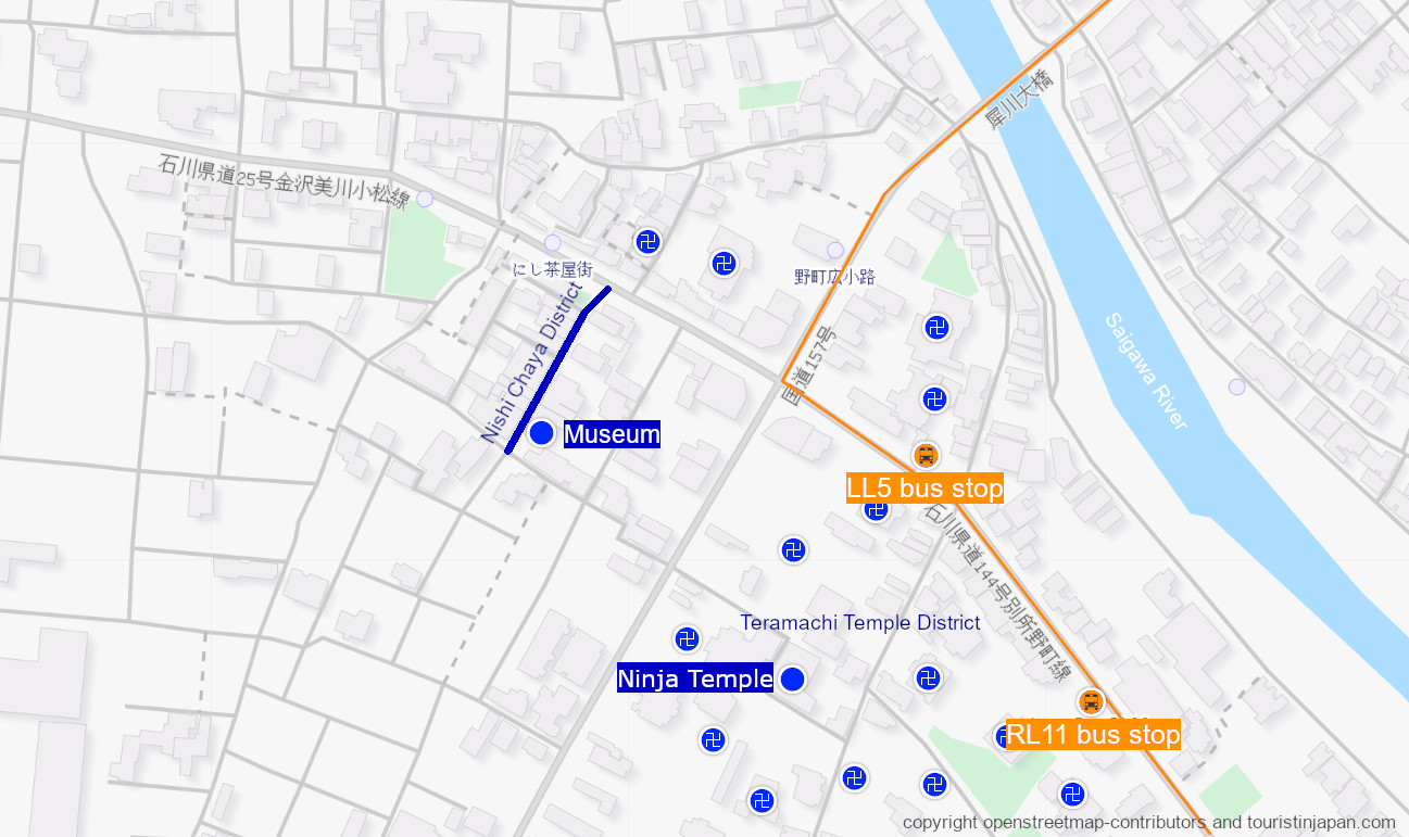 Map of Nishi Chaya and Teramachi Districts, Kanazawa. © openstreetmap-contributors and touristinjapan.com