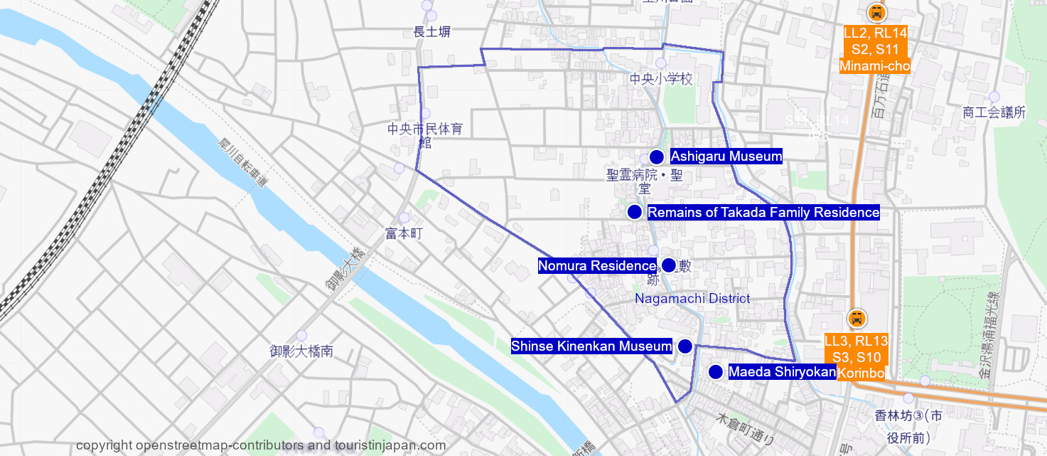 Map of Nagamachi District, Kanazawa. © openstreetmap-contributors and touristinjapan.com