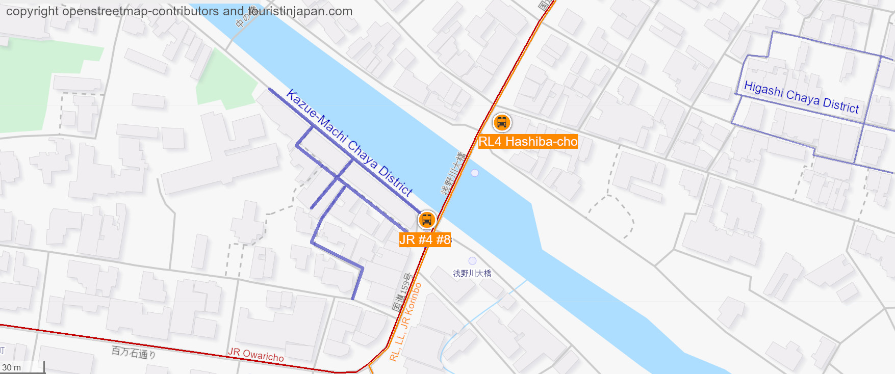 Map of Kazue-Machi Chaya District, Kanazawa. © openstreetmap-contributors and touristinjapan.com