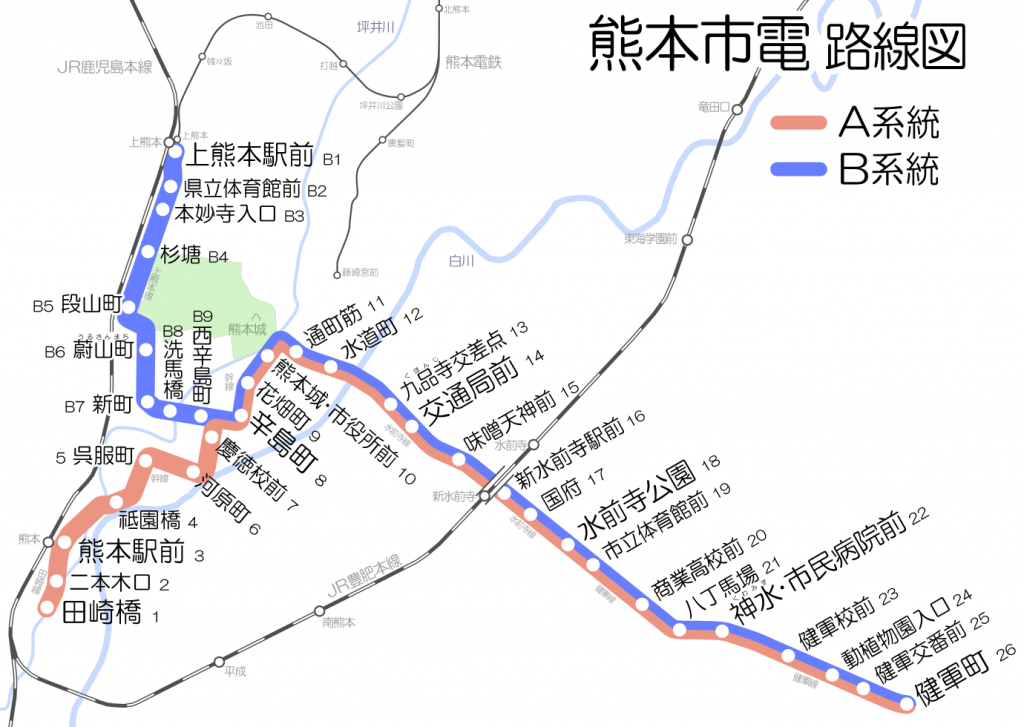 Map of Kumamoto Tram Network. Map by Hisagi. CC BY-SA 3.0.