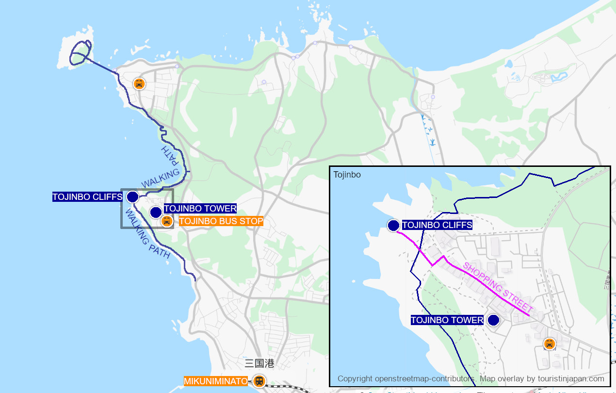 Tojinbo Cliffs area tourist map. Map copyright by openstreetmap-contributors. Overlay by touristinjapan.com