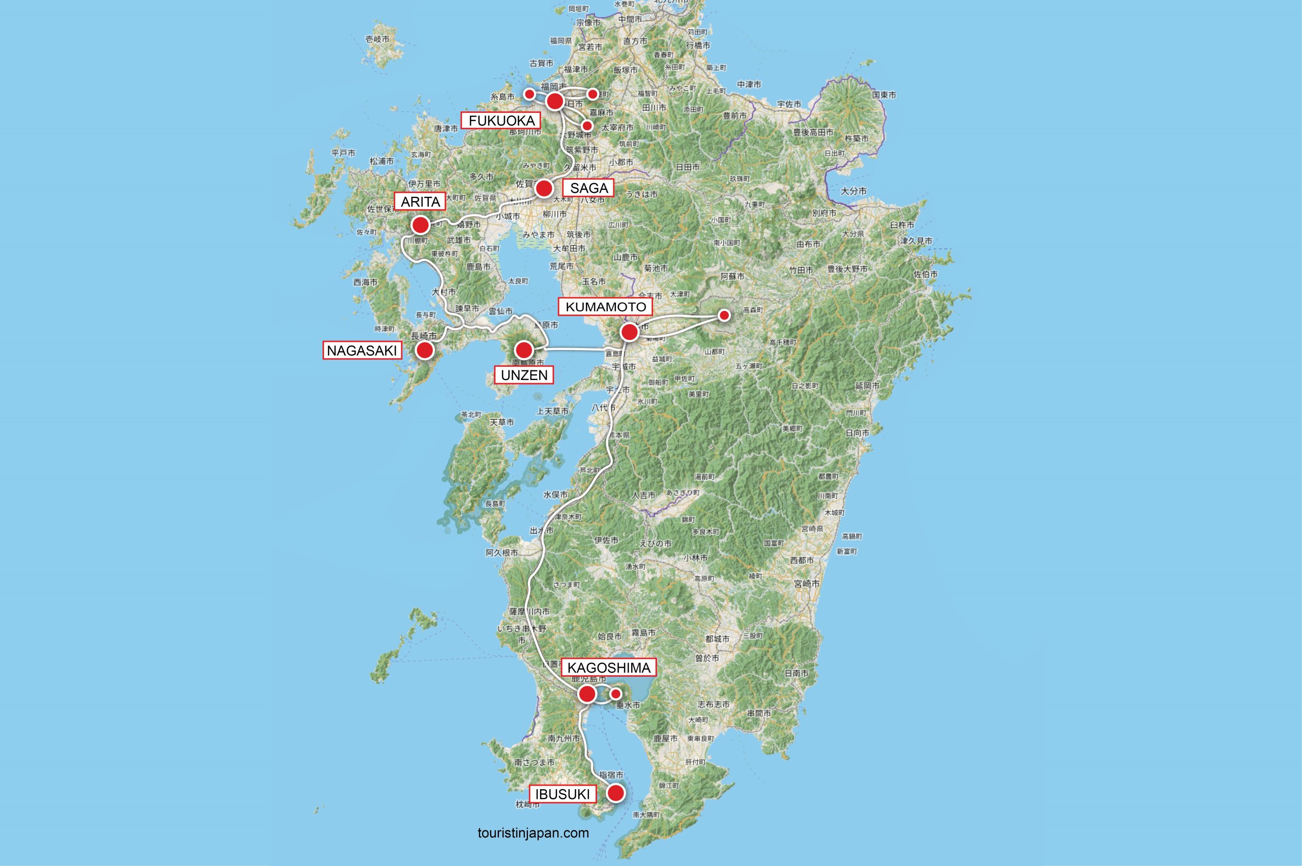 14-day Kyushu Itinerary Map