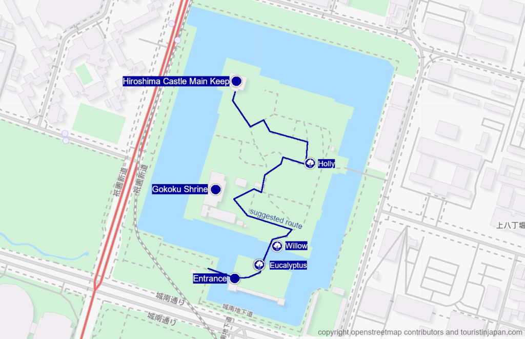 Map of Hiroshima Castle. Copyright openstreetmap contributors and touristinjapan.com