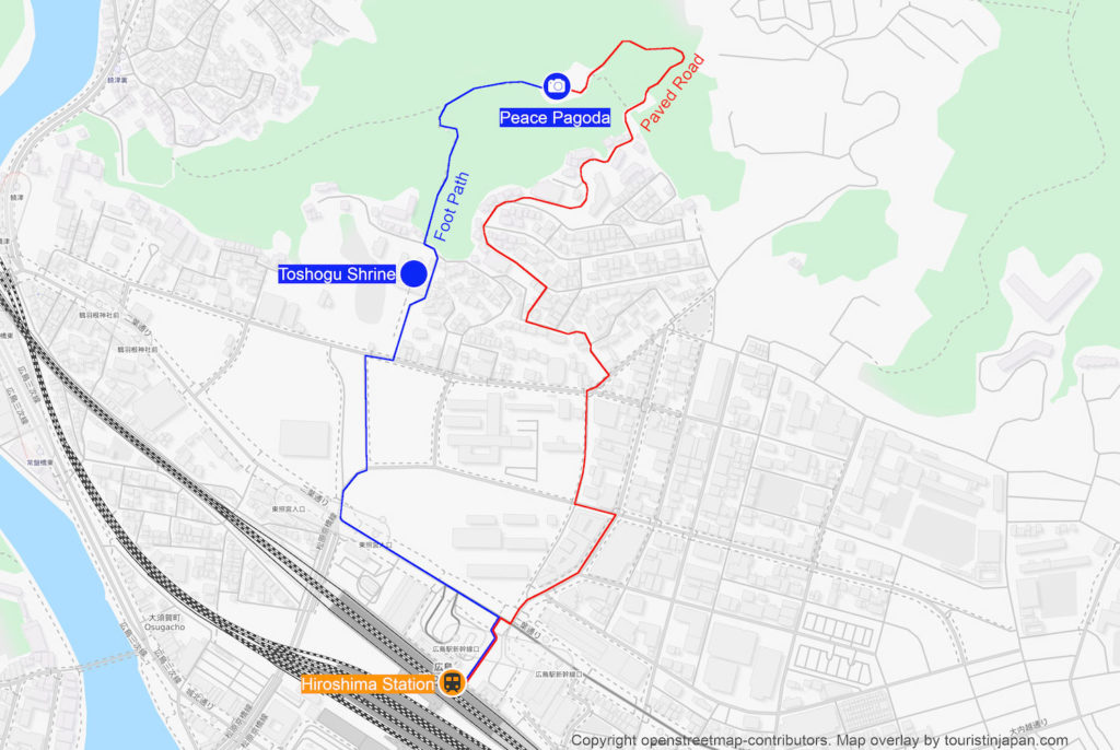 Hiroshima Peace Pagoda Map. Copyright openstreetmap-constributors. Overlay by touristinjapan.com