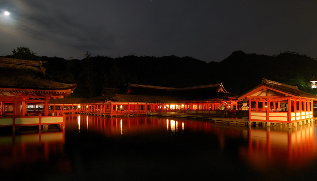 Itsukushima Shrine under the moonlight. Photo by Rosino of flickr. CC BY-SA 2.0.