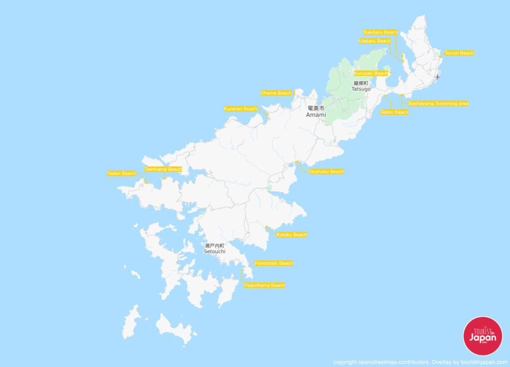 Map of major beaches on Amami Island. Map copyright openstreetmap-contributors. Overlay by touristinjapan.com