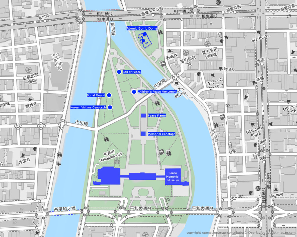 Hiroshima Peace Park map. Map copyright openstreetmap-contributors. Overlay by touristinjapan.com