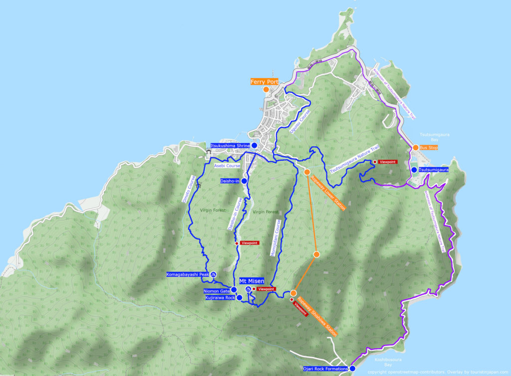 Mount Misen Hiking Trail Map. Copyright openstreetmap-constributors. Overlay by touristinjapan.com