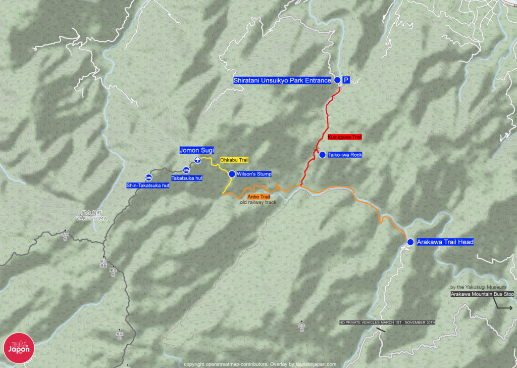 Jomon Sugi Hiking Map. Map copyright openstreetmap-contributors. Overlay by touristinjapan.com