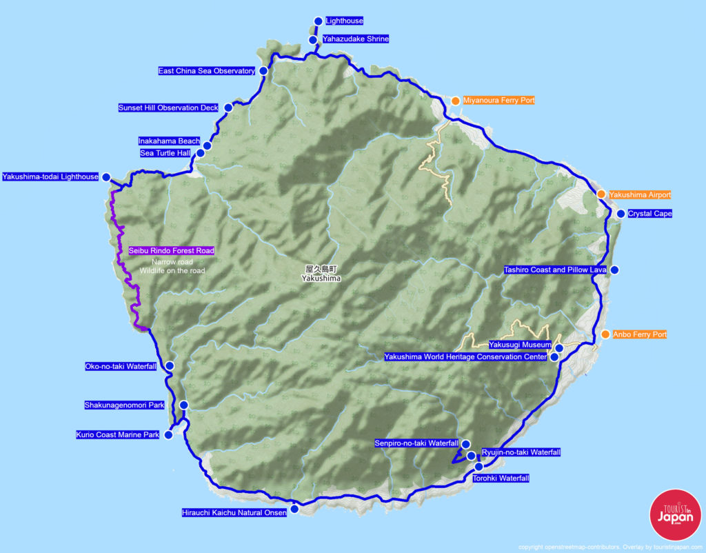 Map of 1-day road trip around Yakushima. Map copyright openstreetmap-contributors. Overlay by touristinjapan.com