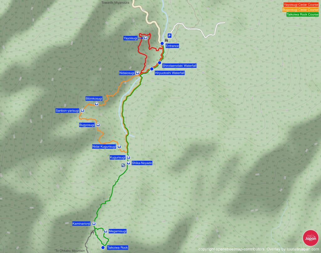 Hiking map of Shiratani Unsuikyo Ravine. Map copyright openstreetmap-contributors. Overlay by touristinjapan.com