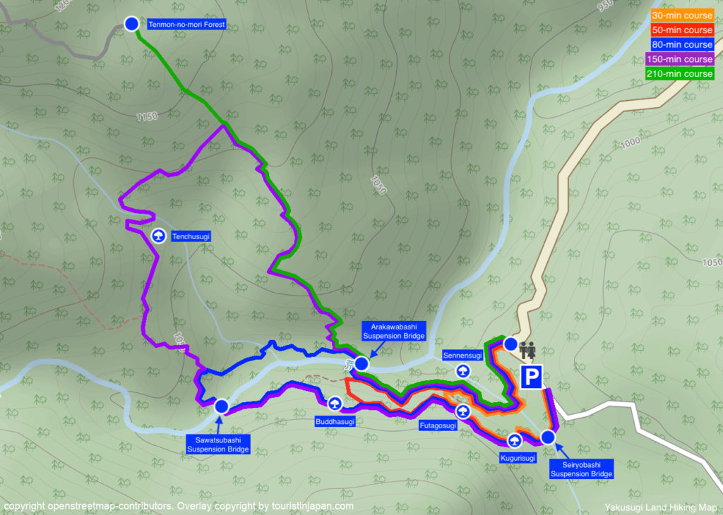 Hiking map of Yakusugi Land. Map copyright openstreetmap-contributors. Overlay by touristinjapan.com